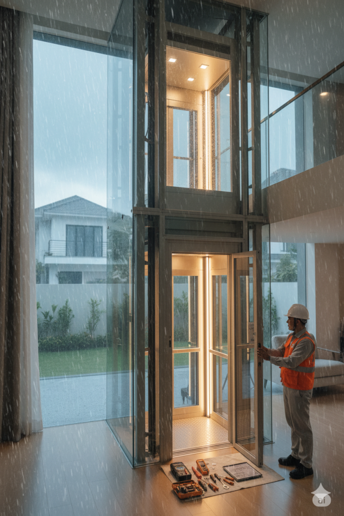 Đội ngũ kỹ thuật thang máy Sanyo Yusoki trực 24/7 hỗ trợ gia chủ khi có sự cố mùa bão